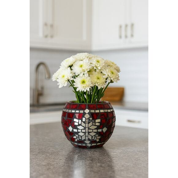 Red Glass Mosaic Christmas Holiday CandleHolder Centerpiece w/ Snowflake Accent - Picture 3 of 10